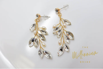 Freshwater pearls Swarovski Crystal vine leaves earrings, Long Bridal Jewelry, Bridal Earrings, Crystal Bridal Earrings, Statement earrings